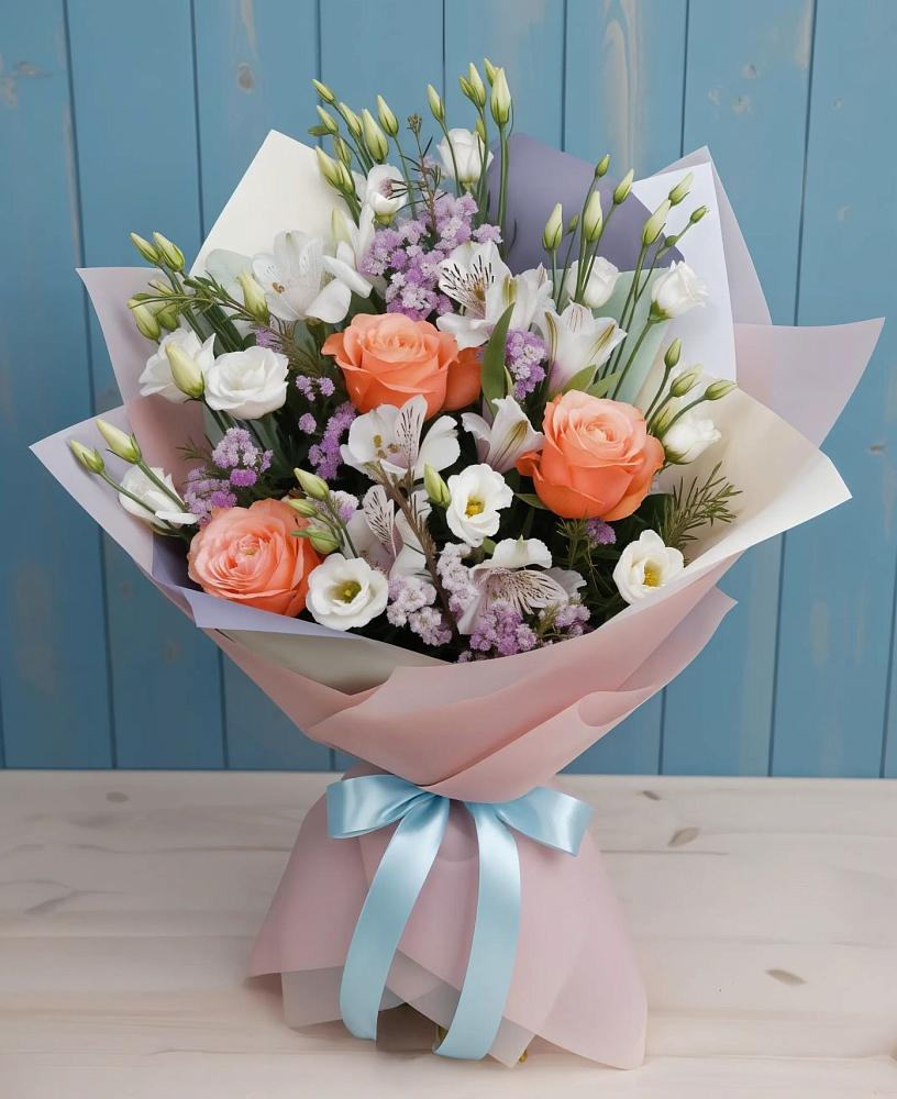 Букет цветов из: Лизиантусы, Розы, Альстромерии и Гипсофила в Даровской